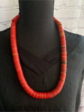 African Red Vinyl Disc Bead Heishi Necklace